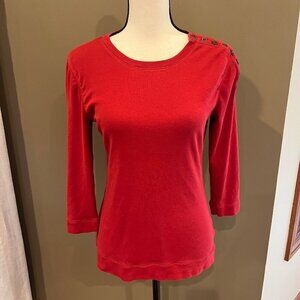LRL Lauren Jeans Red Long Sleeve Cotton Top, Button Shoulder Detail, Size Medium
